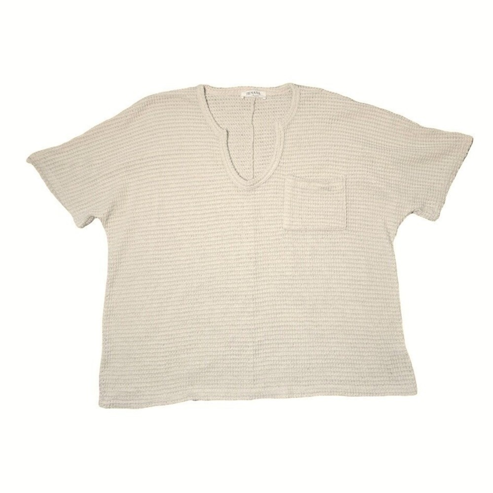 ZENANA T-shirt Womens Large Waffle Knit V Neck Beige HT2193D4